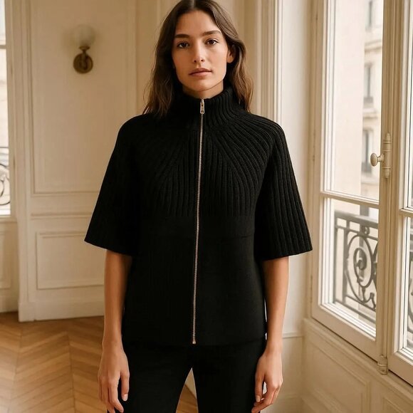 Chico's Rib Mix FiFi Cardigan Sweater Full Zip Black Wool Blend Size O Small - Picture 1 of 14